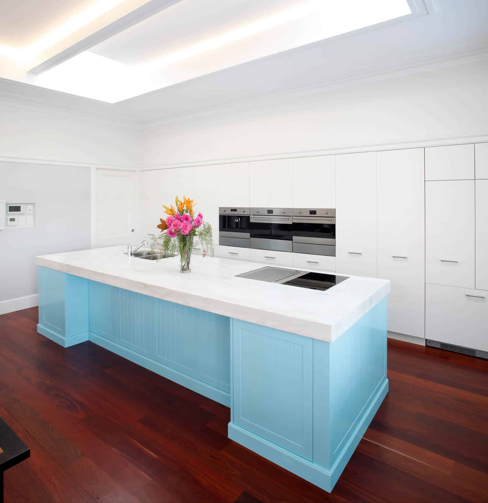White Kitchen with Skyblue Island Bench