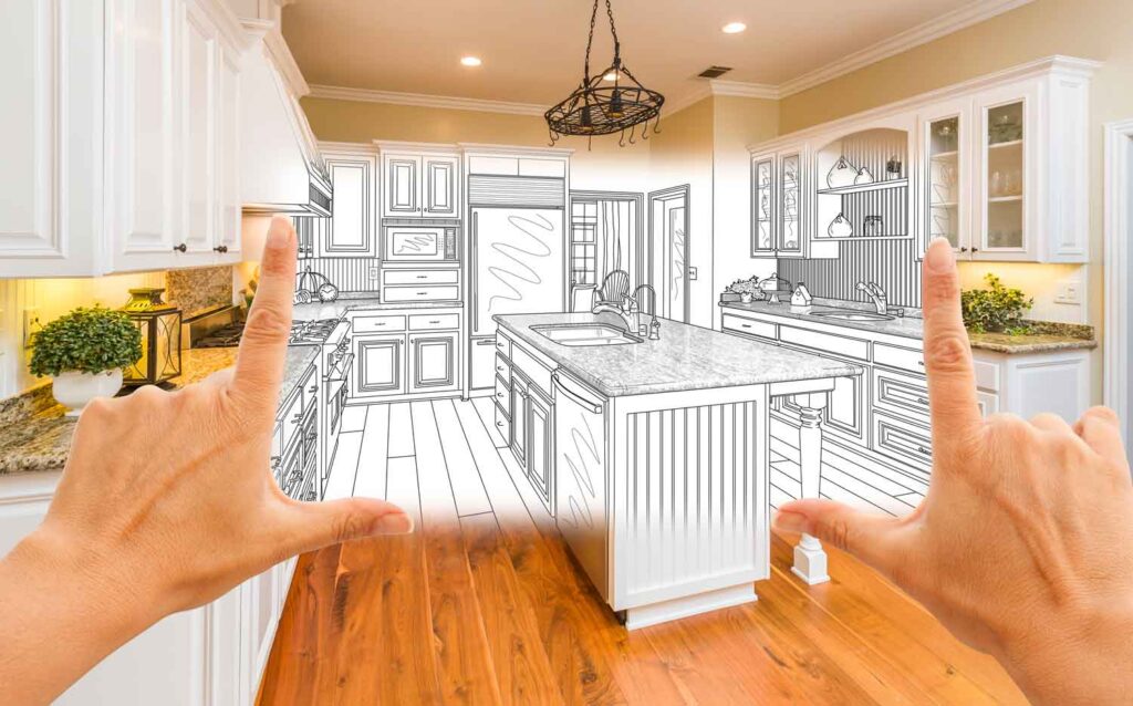 a person visualising kitchen planning/drawing into reality. 