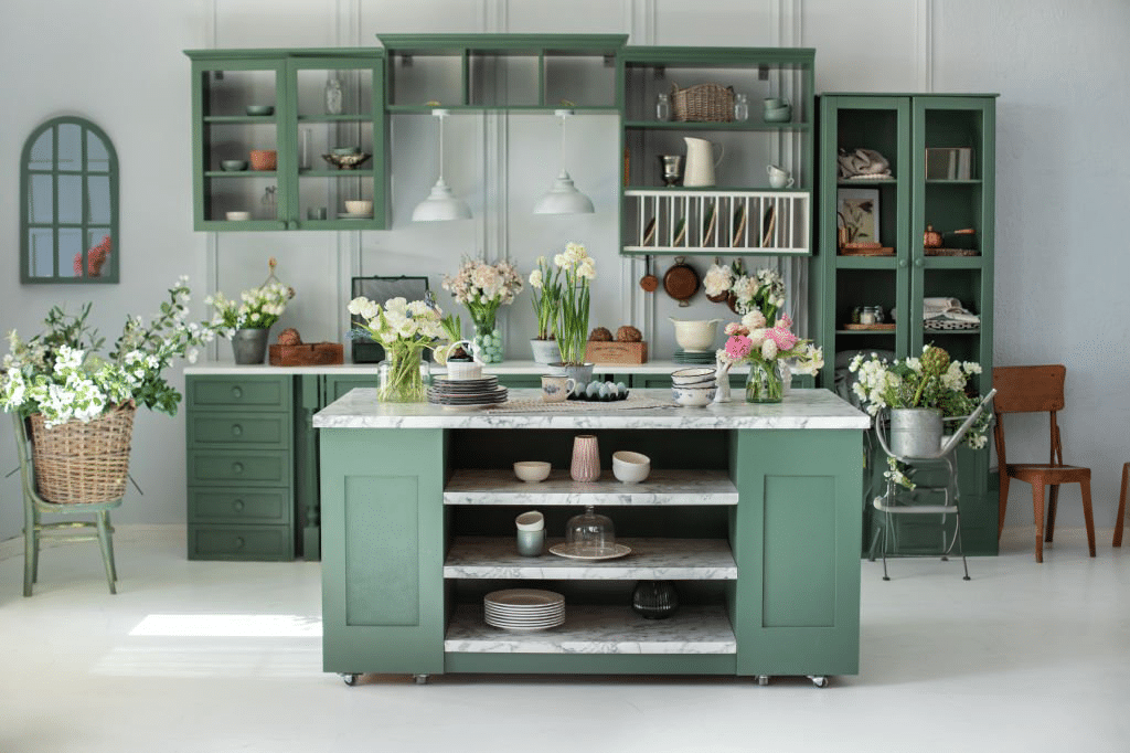 Kitchen island bench with storage, olive green provincial kitchen design by Wonderful Kitchens Australia. 