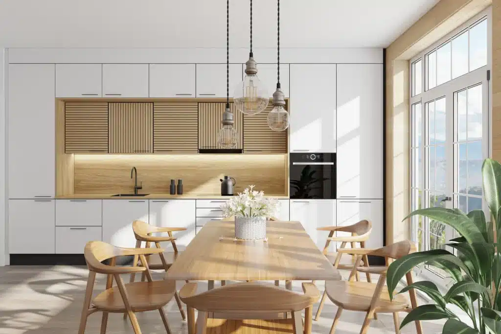 Modern wooden theme kitchen featuring large windows with coastal view. Kitchen designs Strathfield, Sydney.