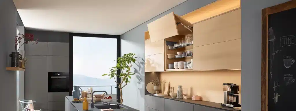 Blum lift-up cabinet in a modern kitchen design by Wonderful Kitchens, Strathfield, Sydney.