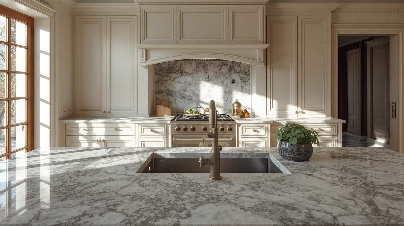 Provincial style Sydney kitchen featuring detailed joinery and stone benchtops