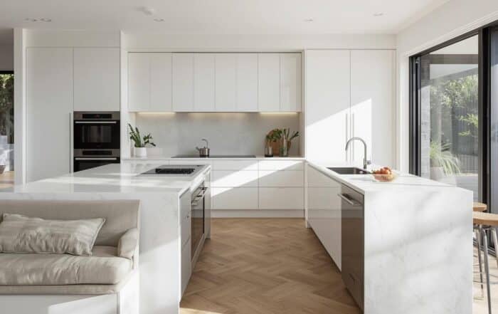 Modern kitchen island with concealed power and peninsula seating